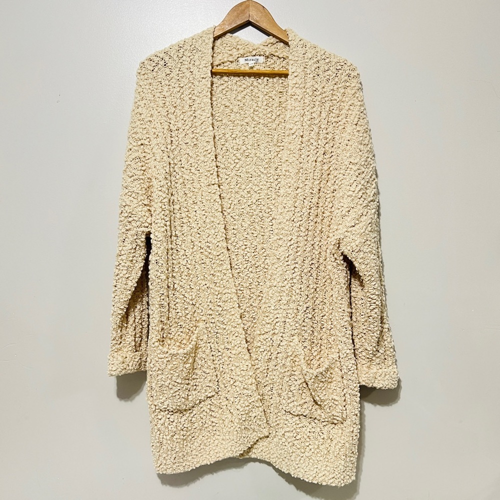Miracle Crochet Long Cardigan Popcorn Knit Cream Boho Chic Coastal Cowgirl Small